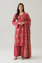 Coral Red Printed Lawn 3PC Stitched Suit
