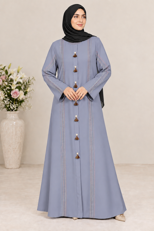 Dusty Blue Multicolor Thread Abaya