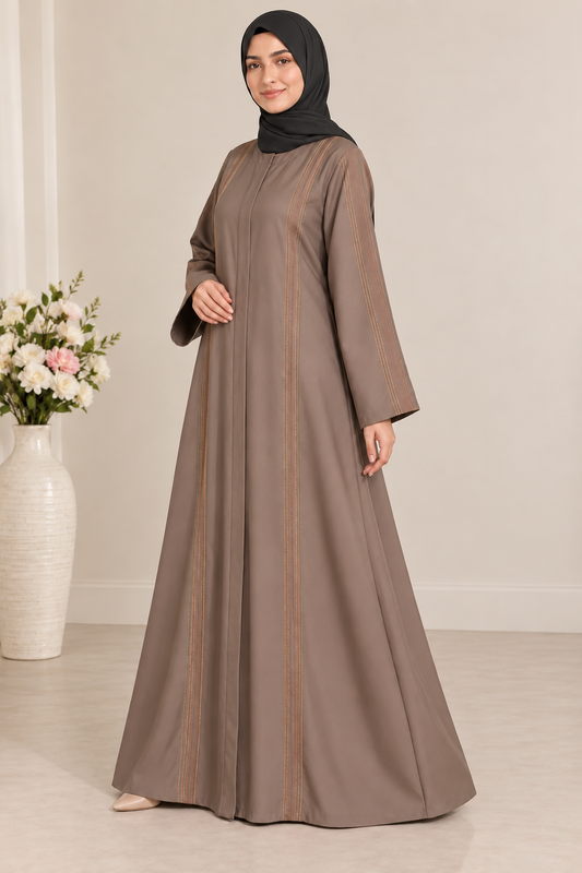 L-Brown Multicolor Thread Line Abaya