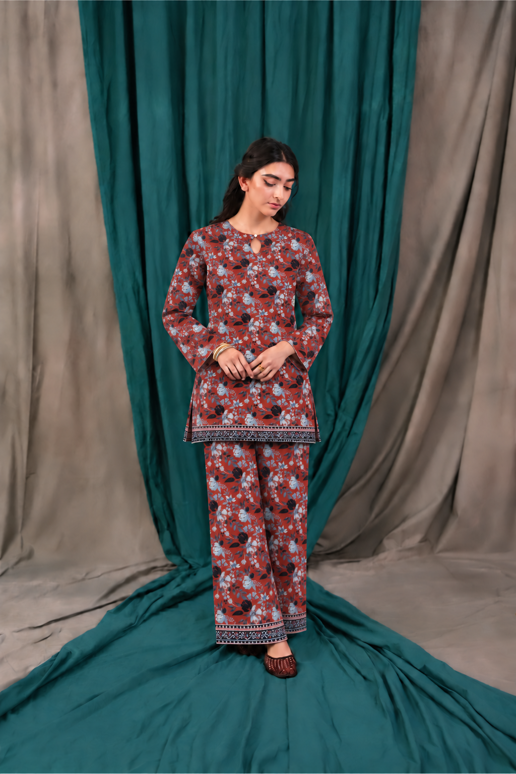 Viscose Rust Printed 3-Piece Stitched Suit