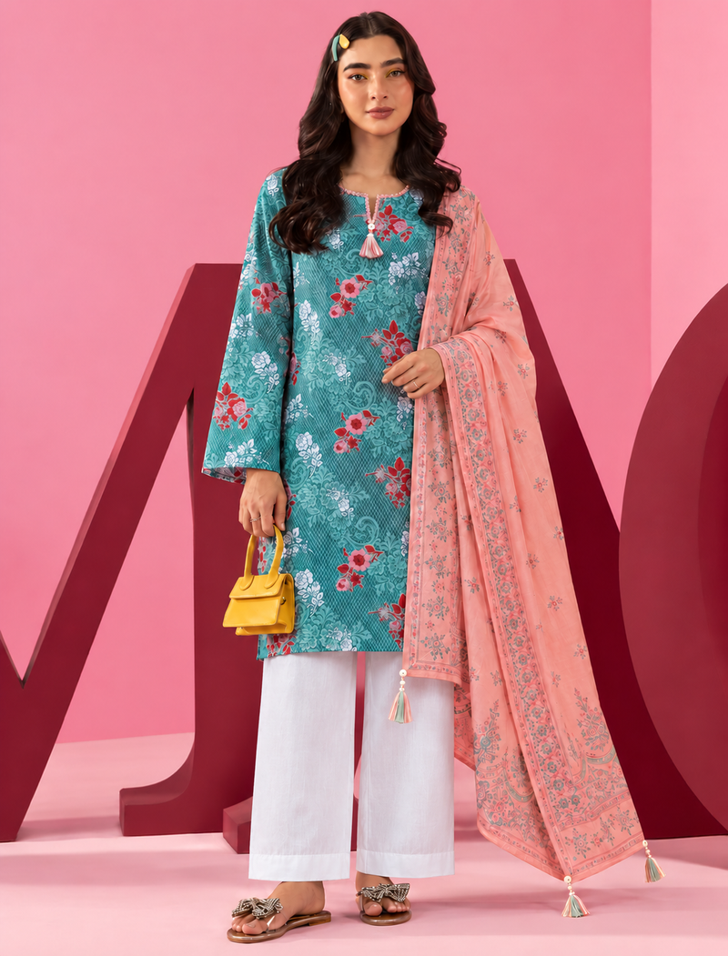 Khaddar Teal Printed 3-Piece Stitched Suit