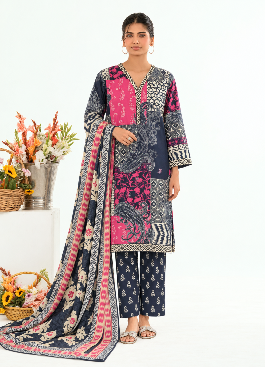Khaddar Olive Black Printed 3-Piece Stitched Suit