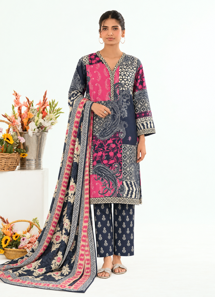 Khaddar Olive Black Printed 3-Piece Stitched Suit