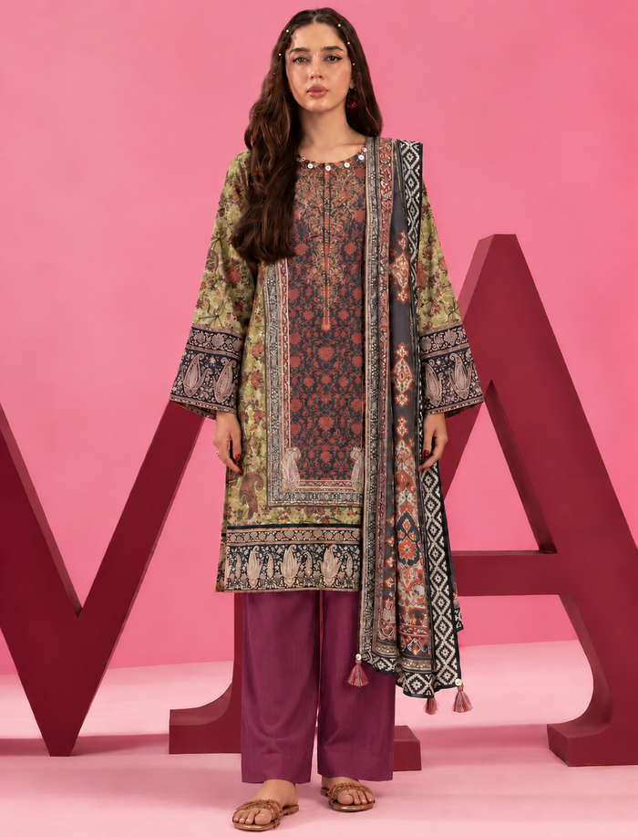 Khaddar Olive Green Printed 3-Piece Stitched Suit