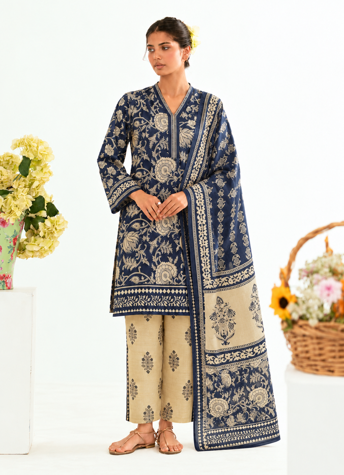 Khaddar Navy Blue Printed 3-Piece Stitched Suit