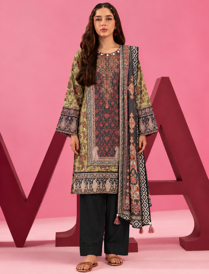 Khaddar Olive Green Printed 3-Piece Stitched Suit
