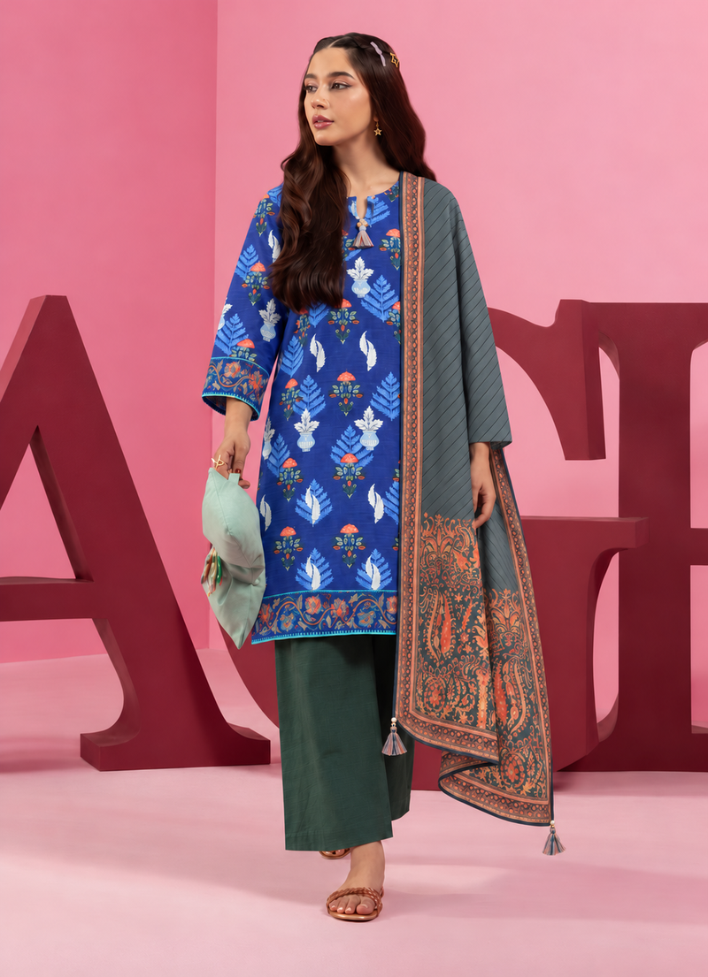 Khaddar Blue Printed 3-Piece Stitched Suit