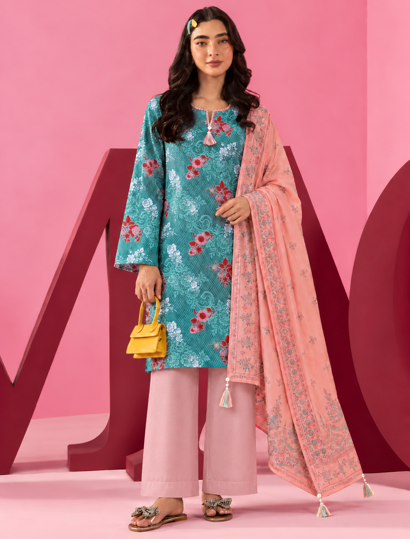 Khaddar Teal Printed 3-Piece Stitched Suit