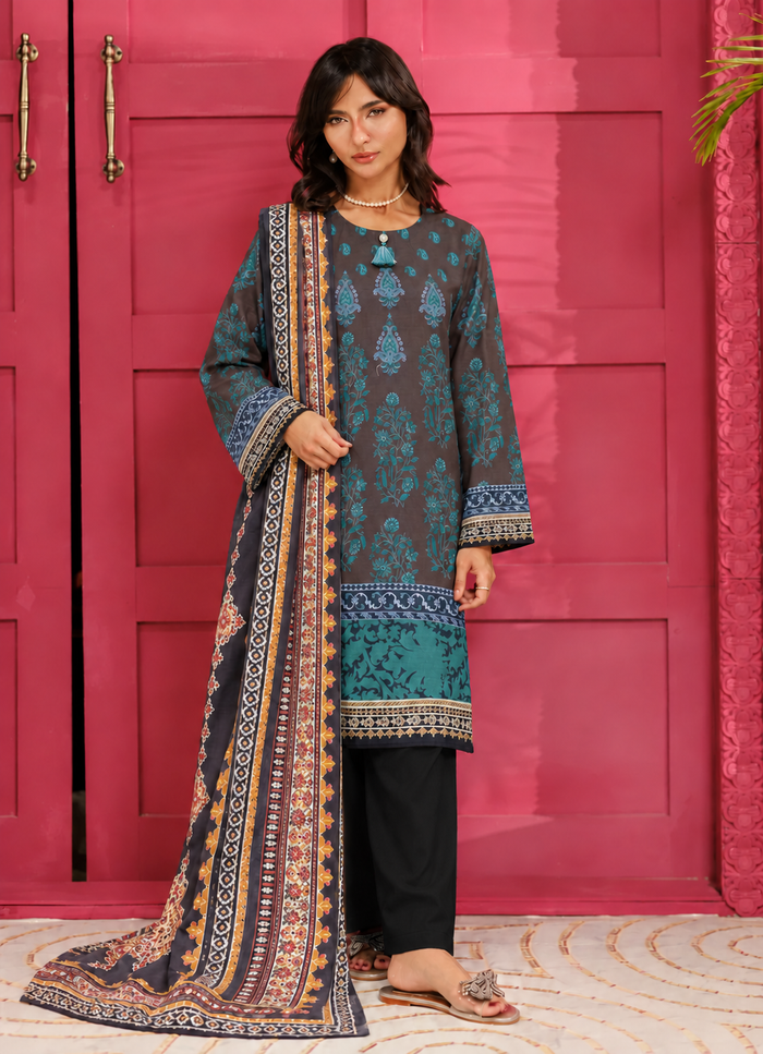 Khaddar Charcoal Printed 3-Piece Stitched Suit