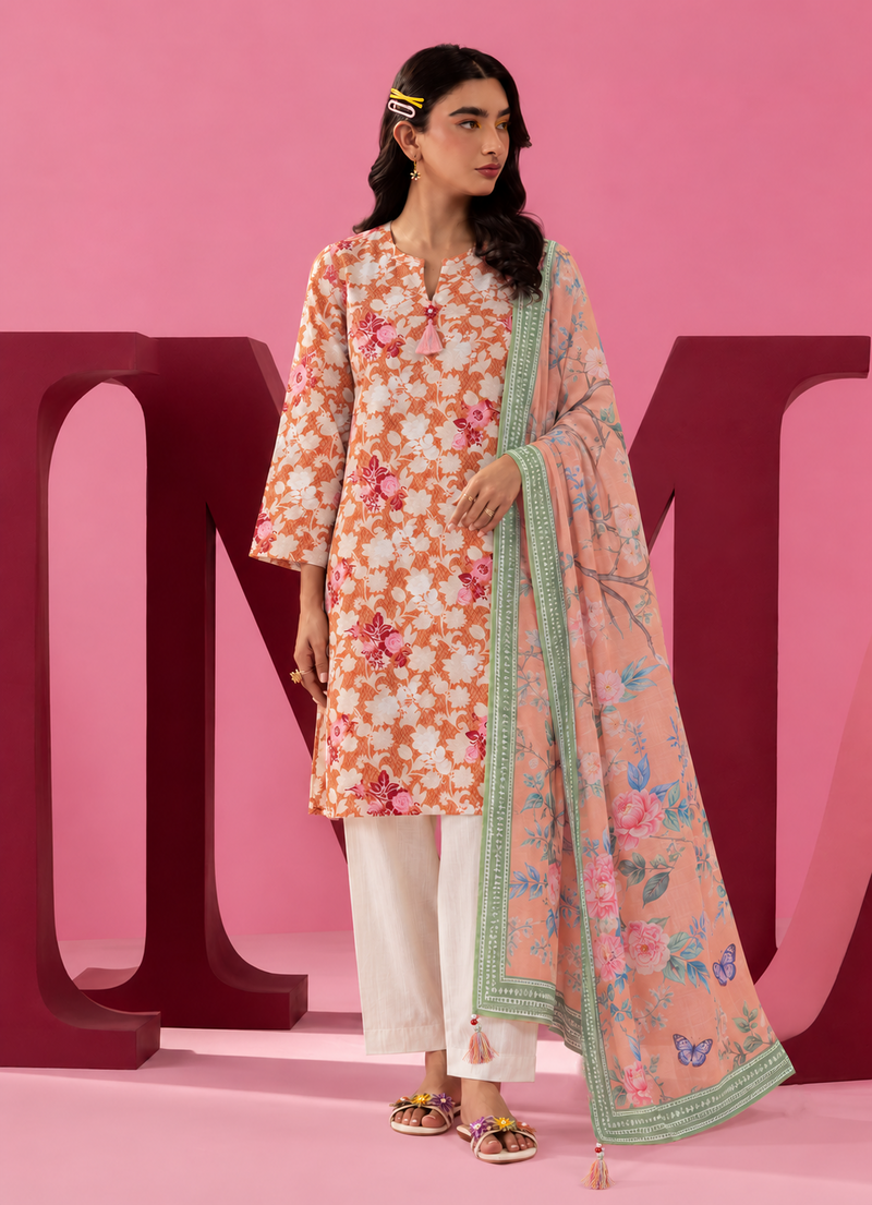 Khaddar Orange Printed 3-Piece Stitched Suit