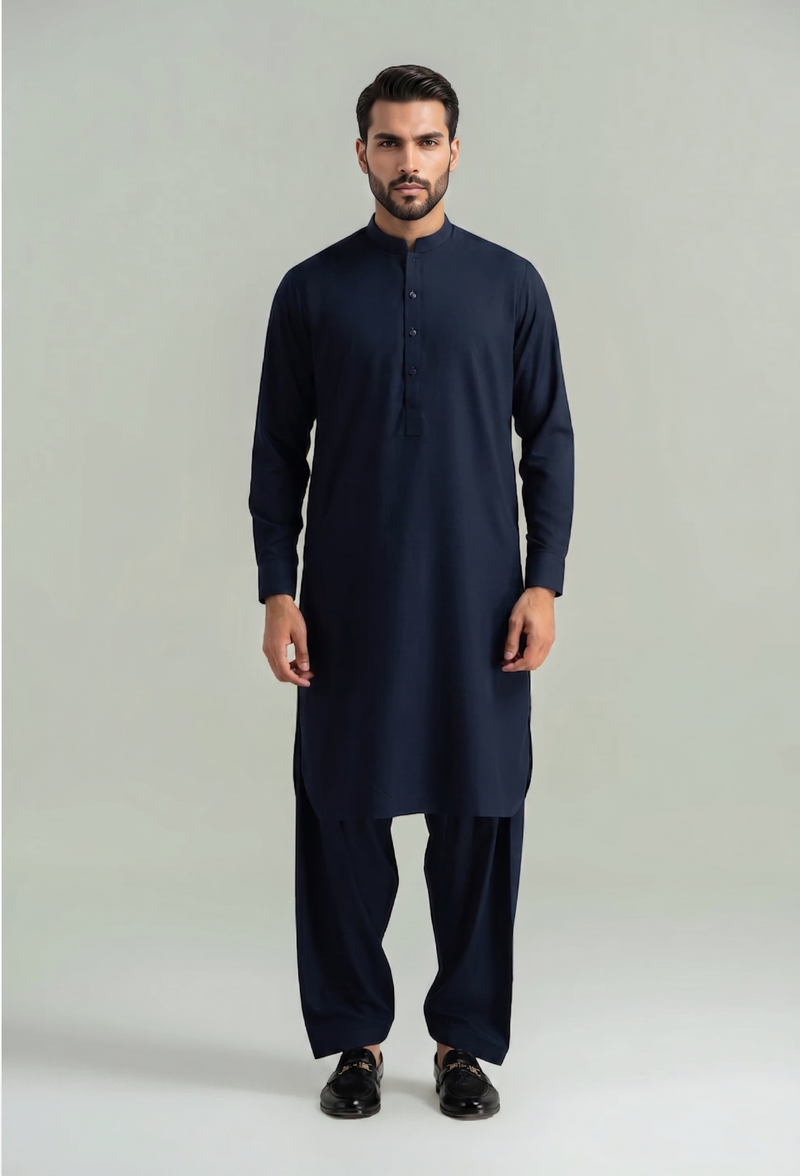 Muskan- Navy Kameez Shalwar Band Collar