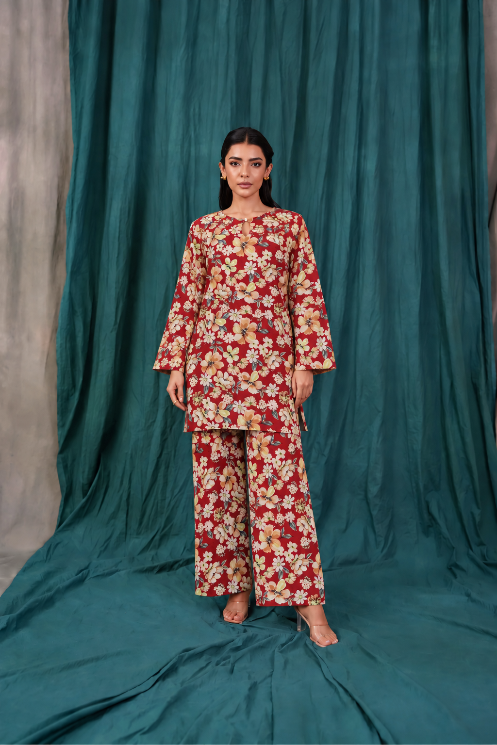 Viscose Red Printed 3-Piece Stitched Suit