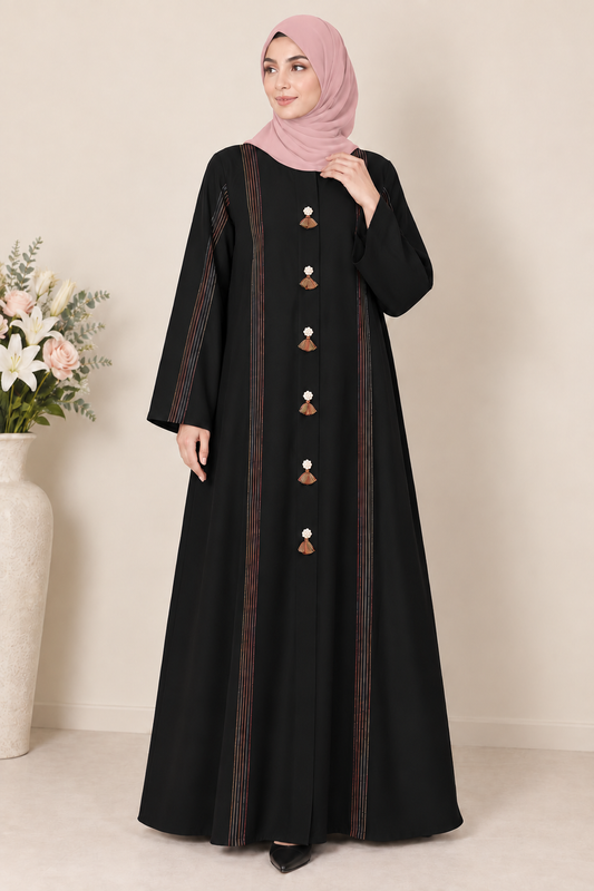 Black Multicolor Thread Line Abaya