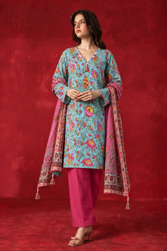 Khaddar Aqua Printed 3-Piece Stitched Suit