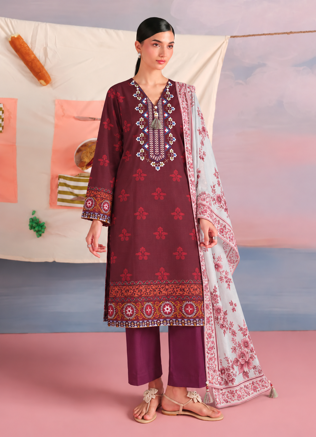 Khaddar Mahroon Printed 3-Piece Stitched Suit