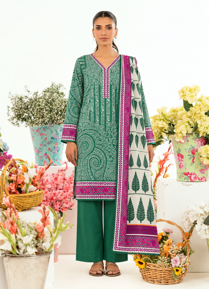 Khaddar Green Printed 3-Piece Stitched Suit