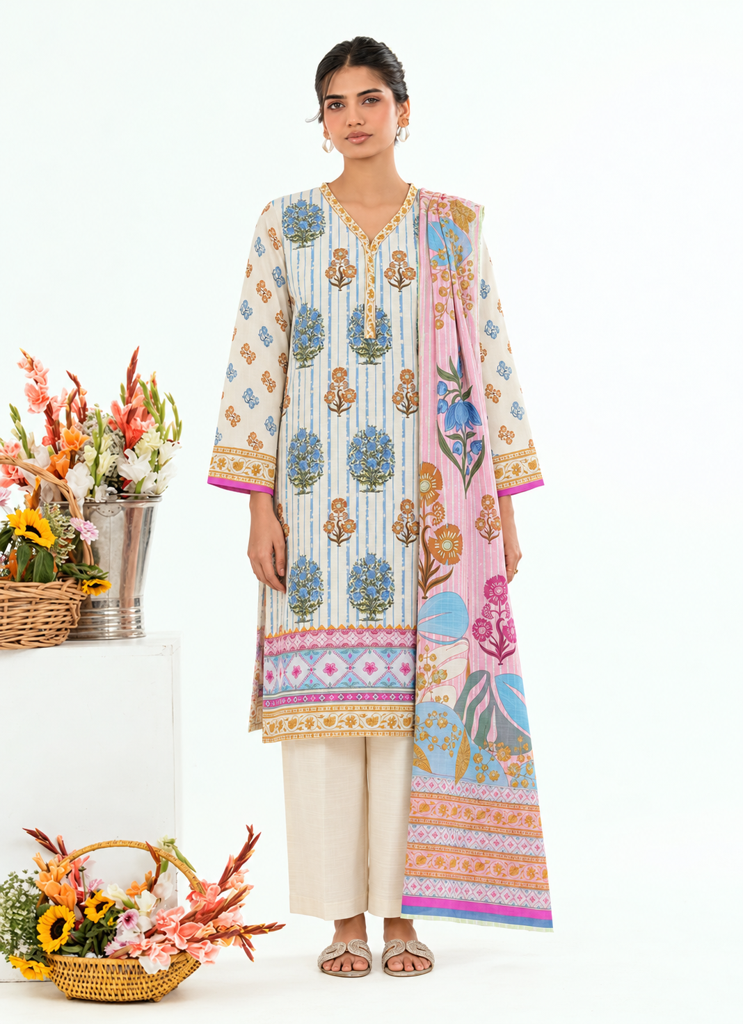 Khaddar Off-White Printed 3-Piece Stitched Suit