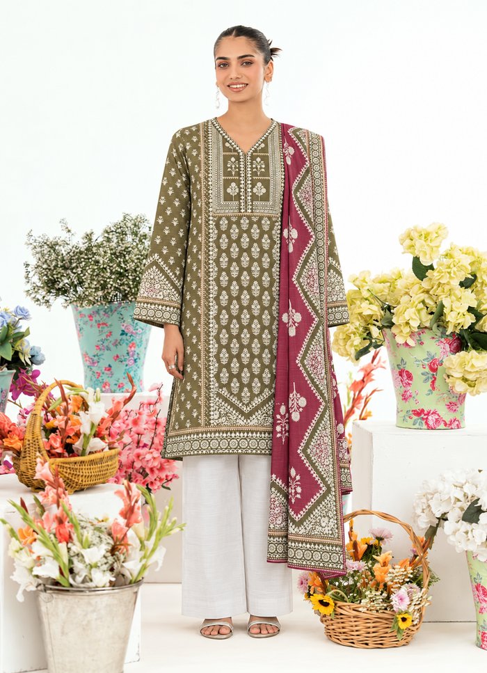 Khaddar Olive Green Printed 3-Piece Stitched Suit