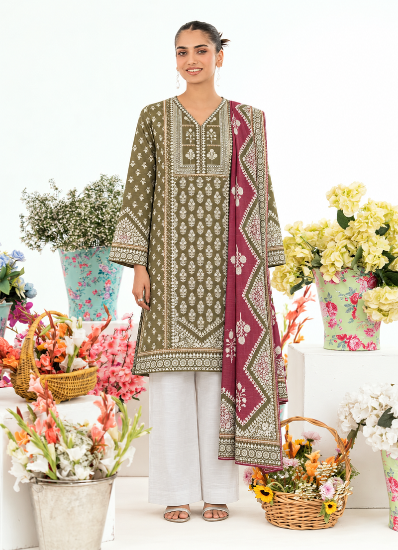 Khaddar Olive Green Printed 3-Piece Stitched Suit