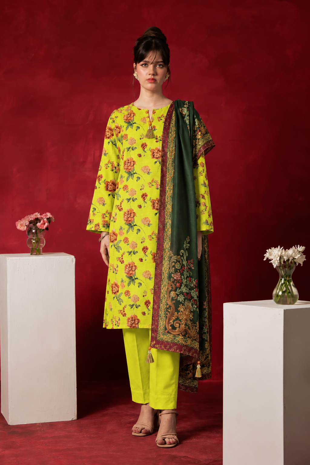 Khaddar Yellow Printed 3-Piece Stitched Suit