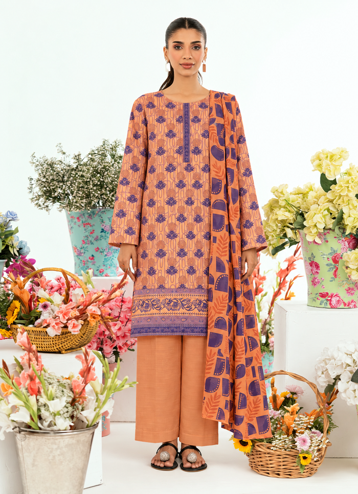 Khaddar Peach Printed 3-Piece Stitched Suit