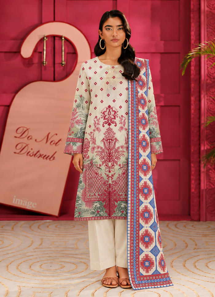 Khaddar Cream Printed 3-Piece Stitched Suit