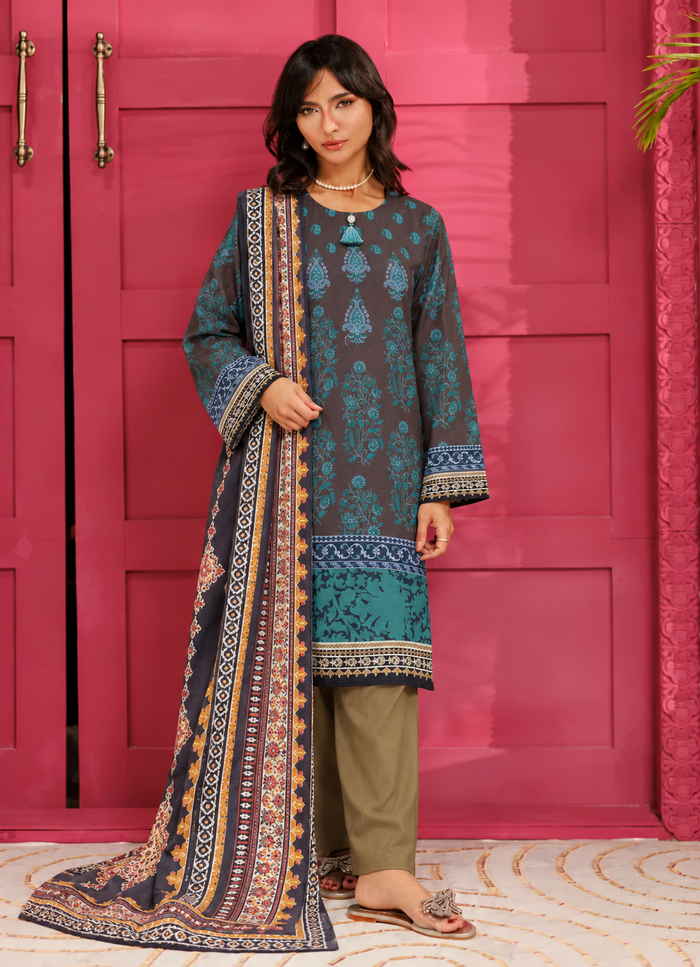 Khaddar Charcoal Printed 3-Piece Stitched Suit