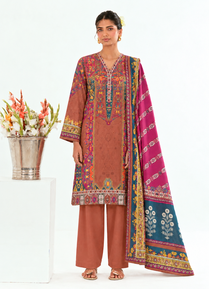 Khaddar Rust Margenta Printed 3-Piece Stitched Suit