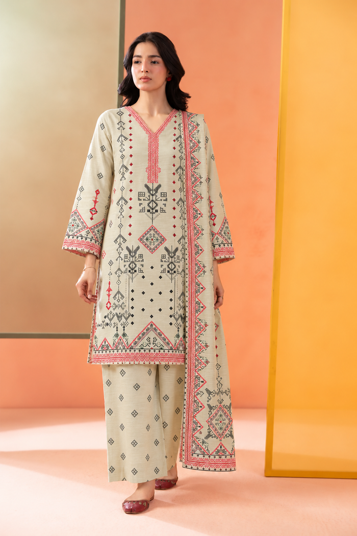 Khaddar Creem Printed 3-Piece Stitched Suit
