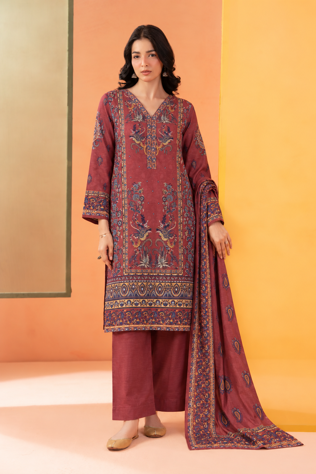 Khaddar Red Printed 3-Piece Stitched Suit