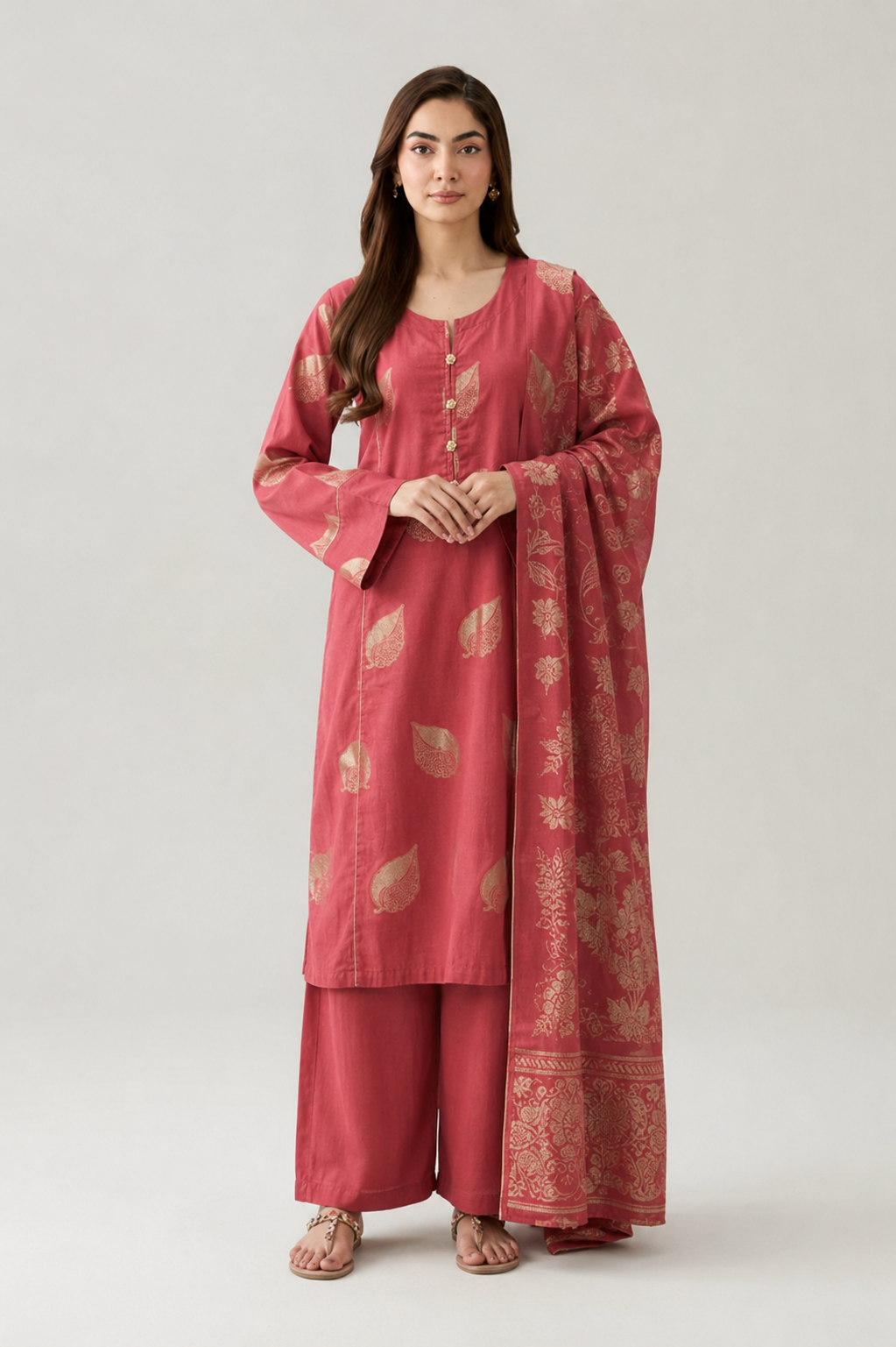 Coral Red Printed Lawn 3PC Stitched Suit
