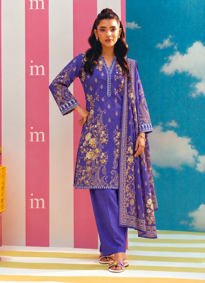 Karandi Purple Printed 3-Piece Stitched Suit