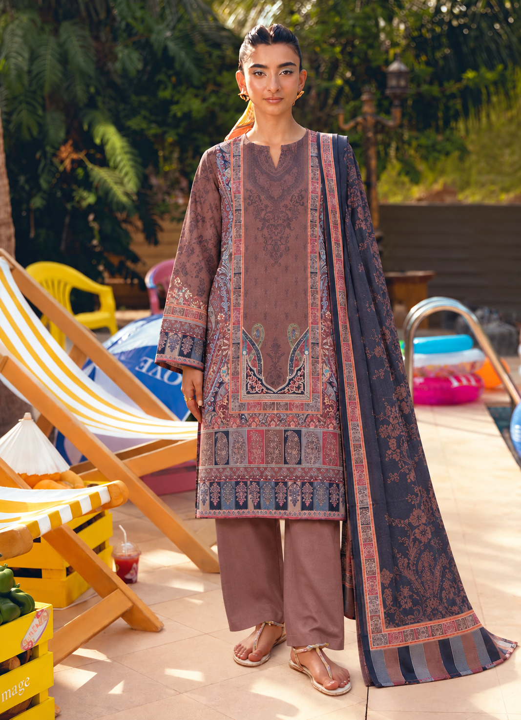 Karandi Light Brown Printed 3-Piece Stitched Suit