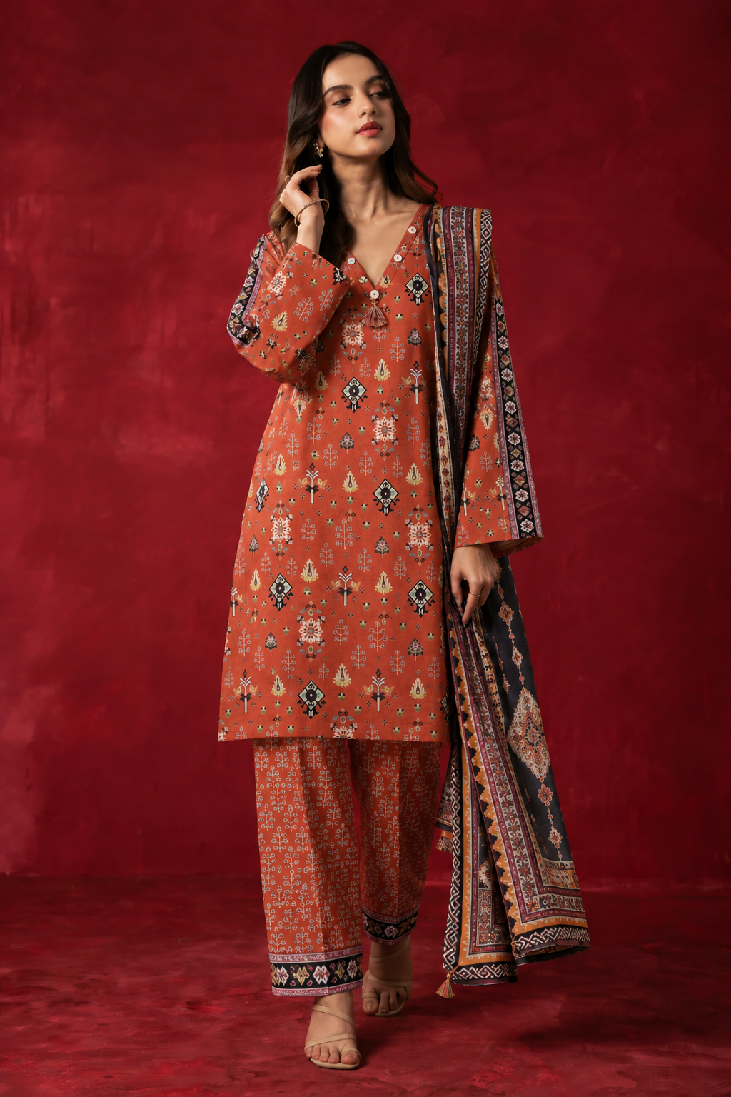 Khaddar Rust Printed 3-Piece Stitched Suit