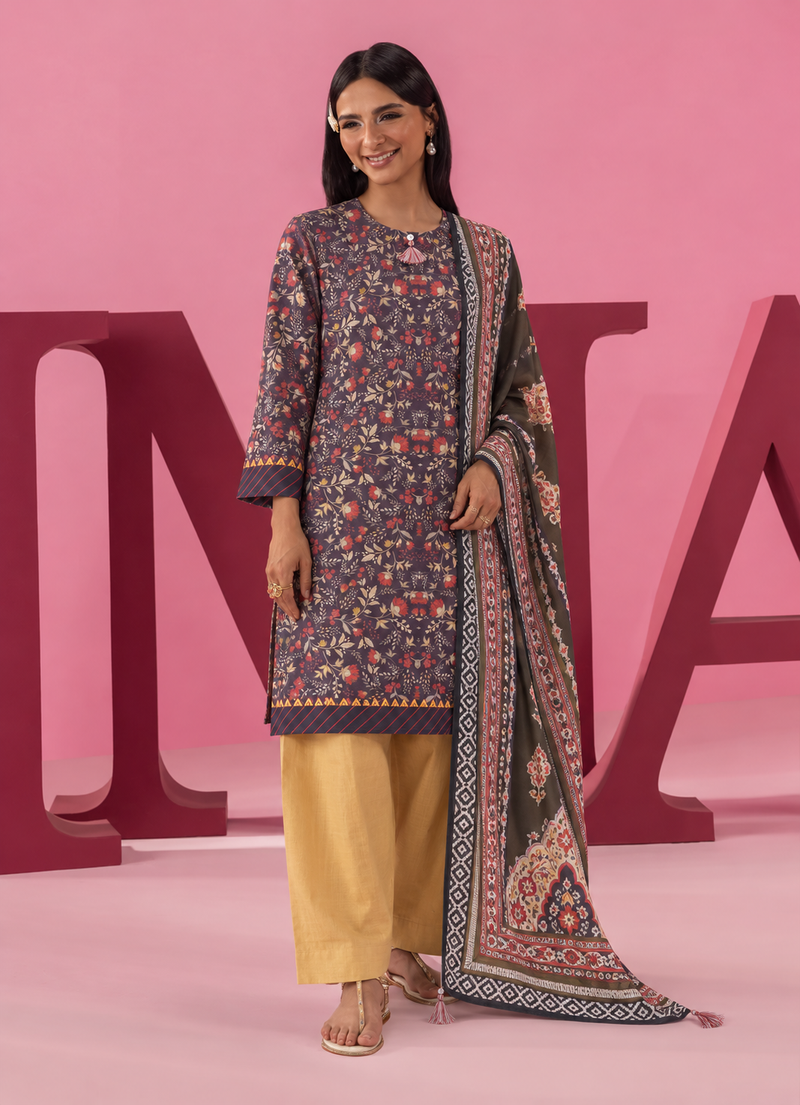 Khaddar Purple Printed 3-Piece Stitched Suit