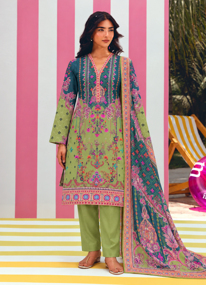 Karandi Green  Printed 3-Piece Stitched Suit