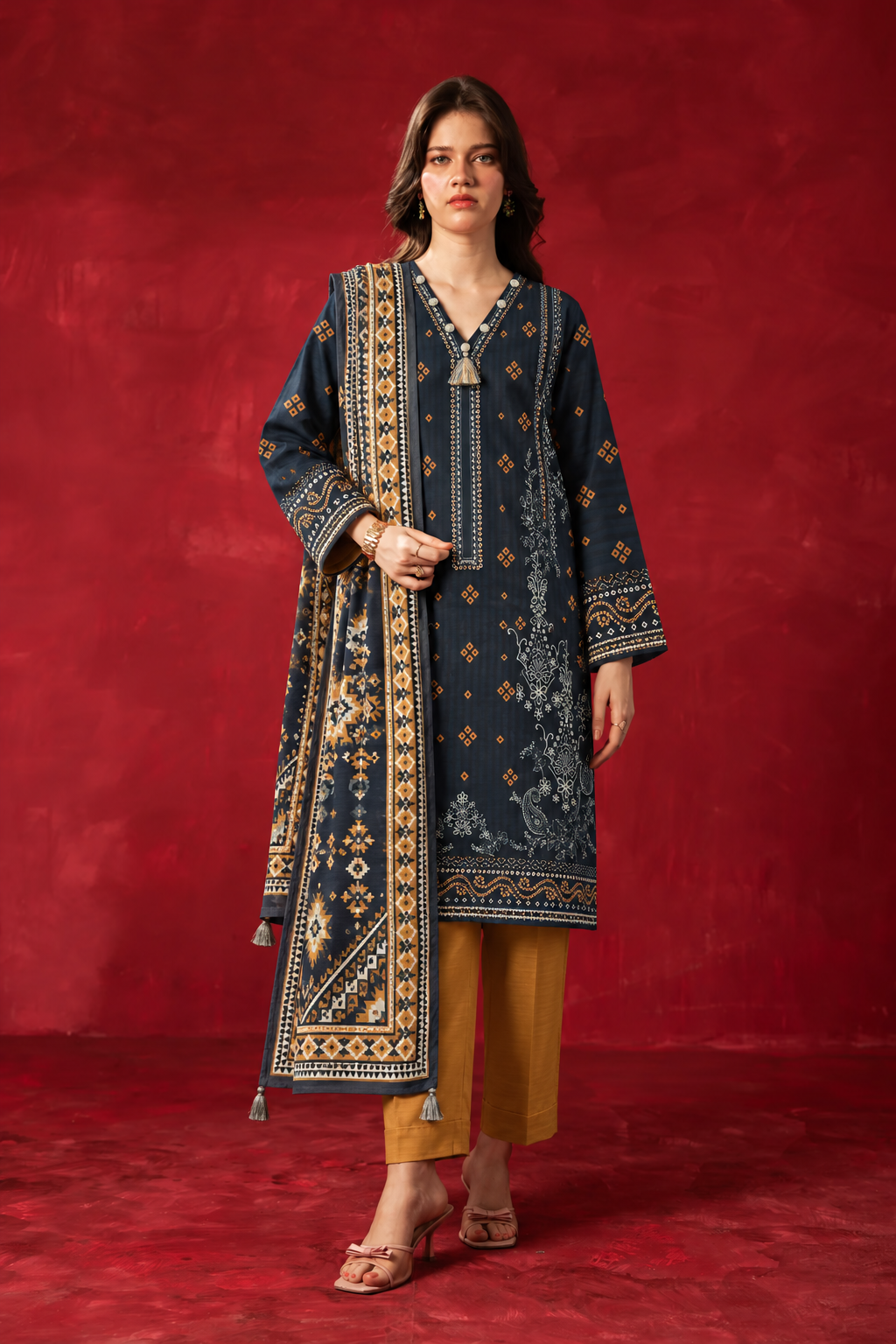 Khaddar Navy Printed 3-Piece Stitched Suit