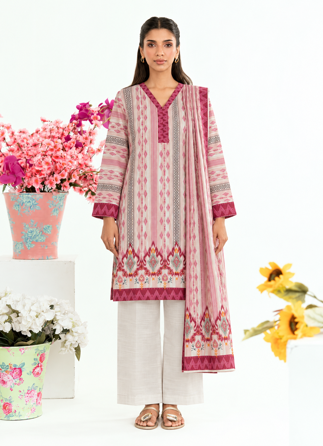 Khaddar Pink Printed 3-Piece Stitched Suit