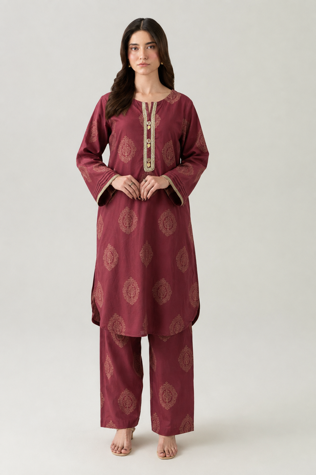 Maroon Printed Lawn 2PC Stitched Shirt & Trouser Suit