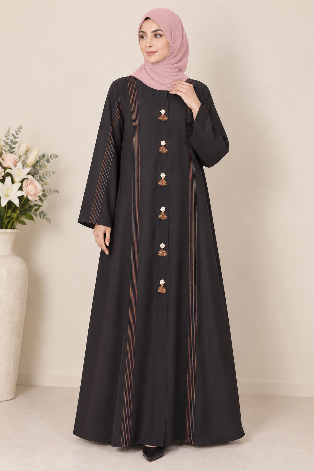 Black Multicolor Thread Line Abaya