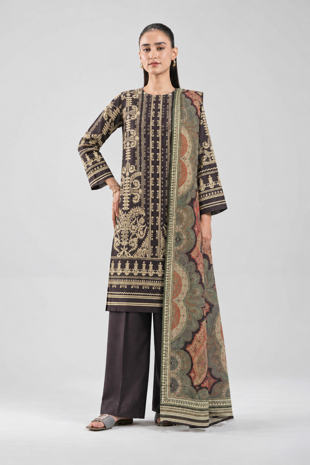 Ethnic Printed Khaddar 3PC Stitched Suit