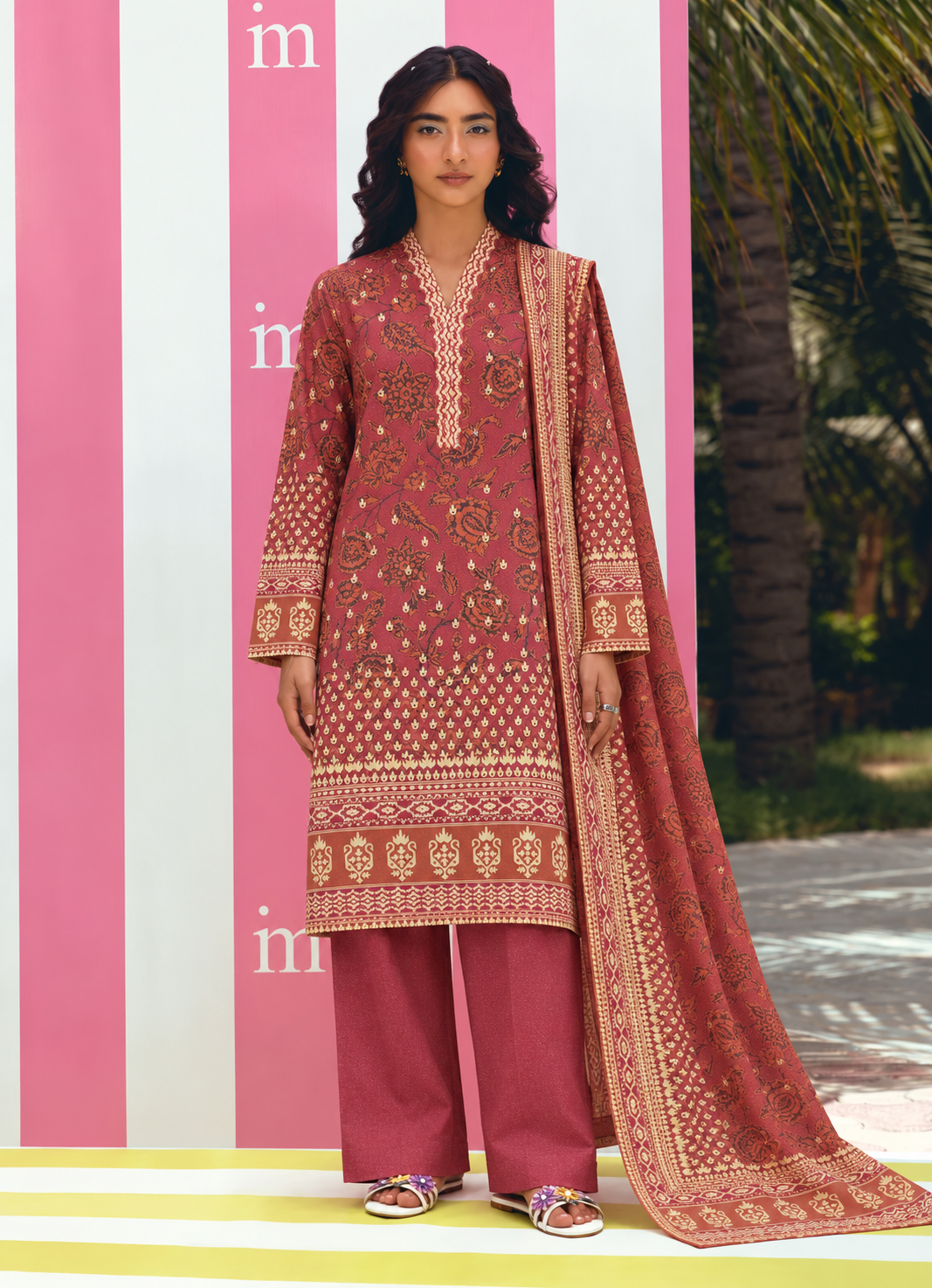 Karandi Red Printed 3-Piece Stitched Suit