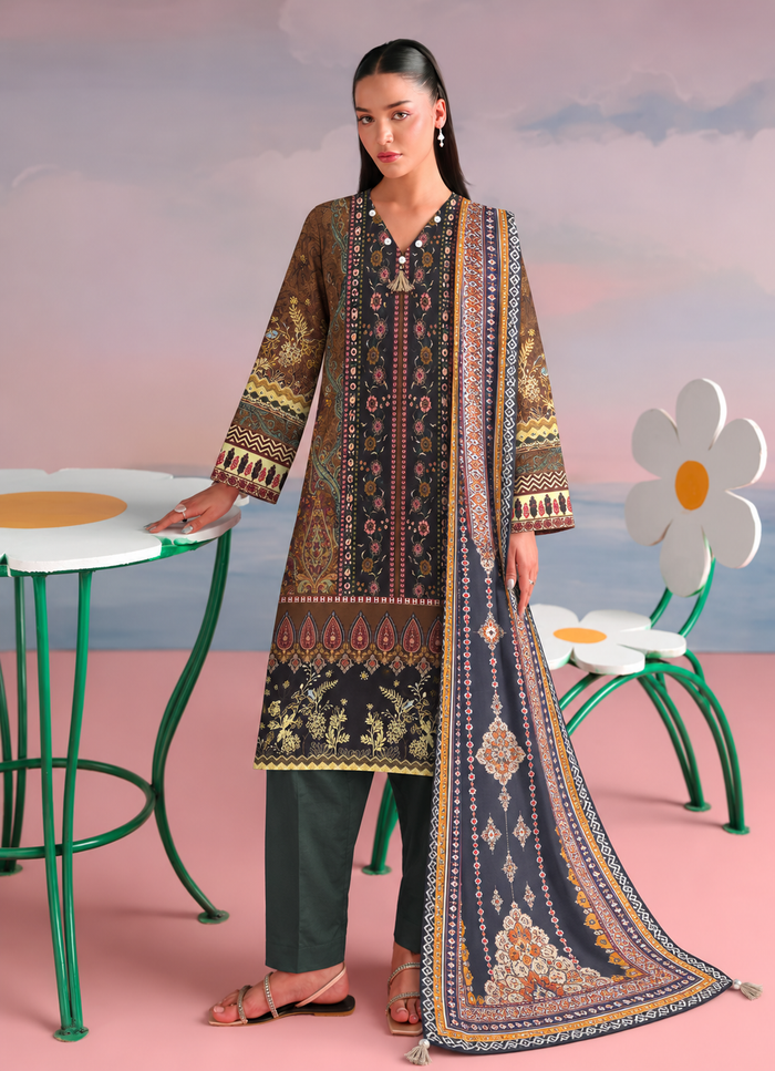 Khaddar Brown Printed 3-Piece Stitched Suit