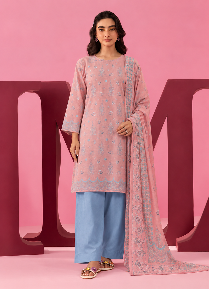 Khaddar Pink Printed 3-Piece Stitched Suit