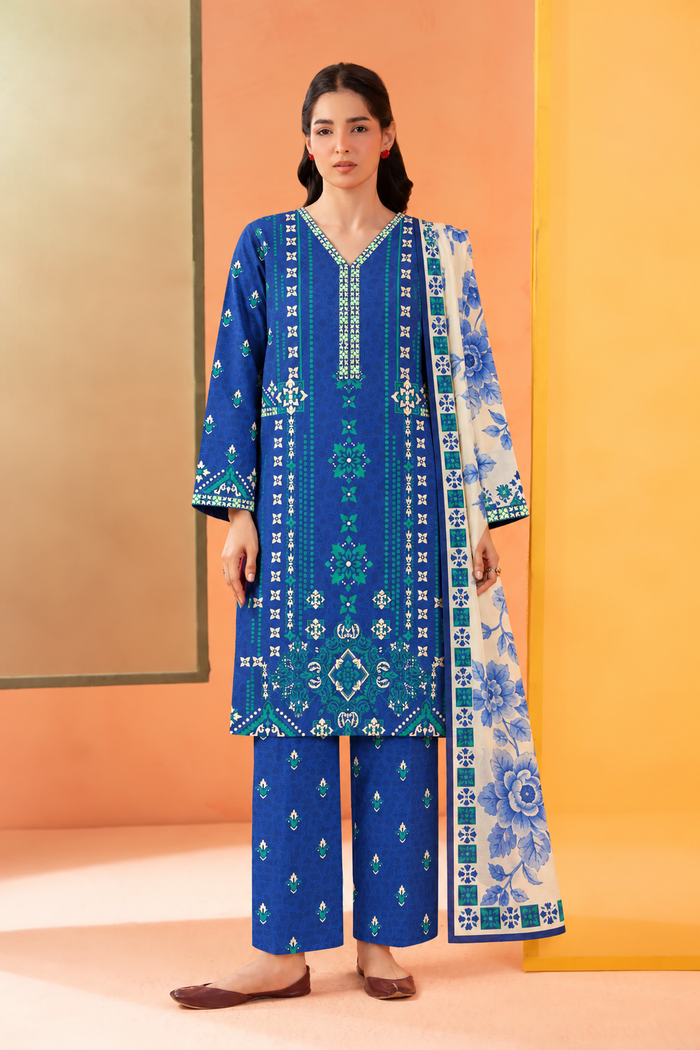 Khaddar D- Blue Printed 3-Piece Stitched Suit