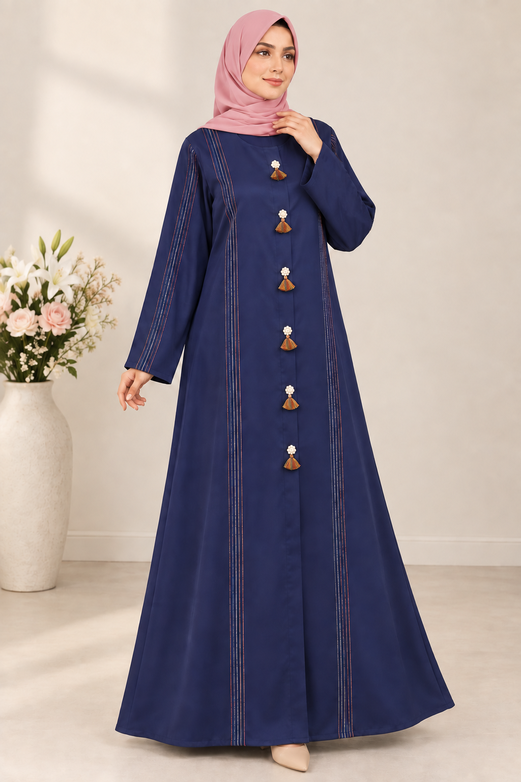 Navy Blue Multicolor Thread Abaya