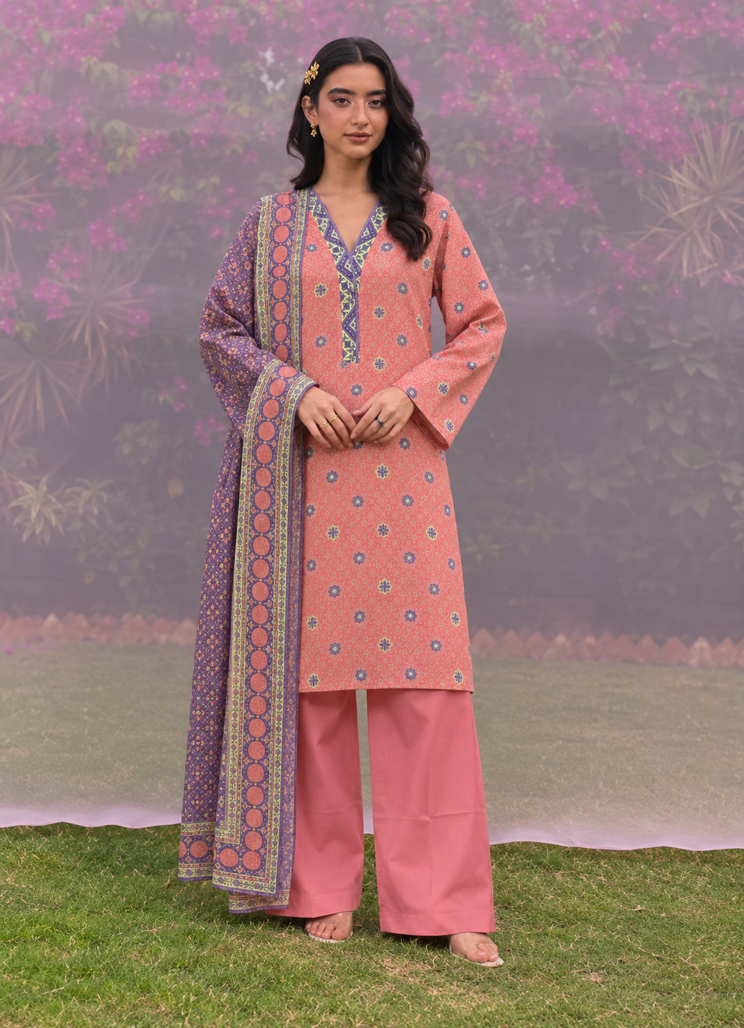 Karandi  Peach Printed 3-Piece Stitched Suit