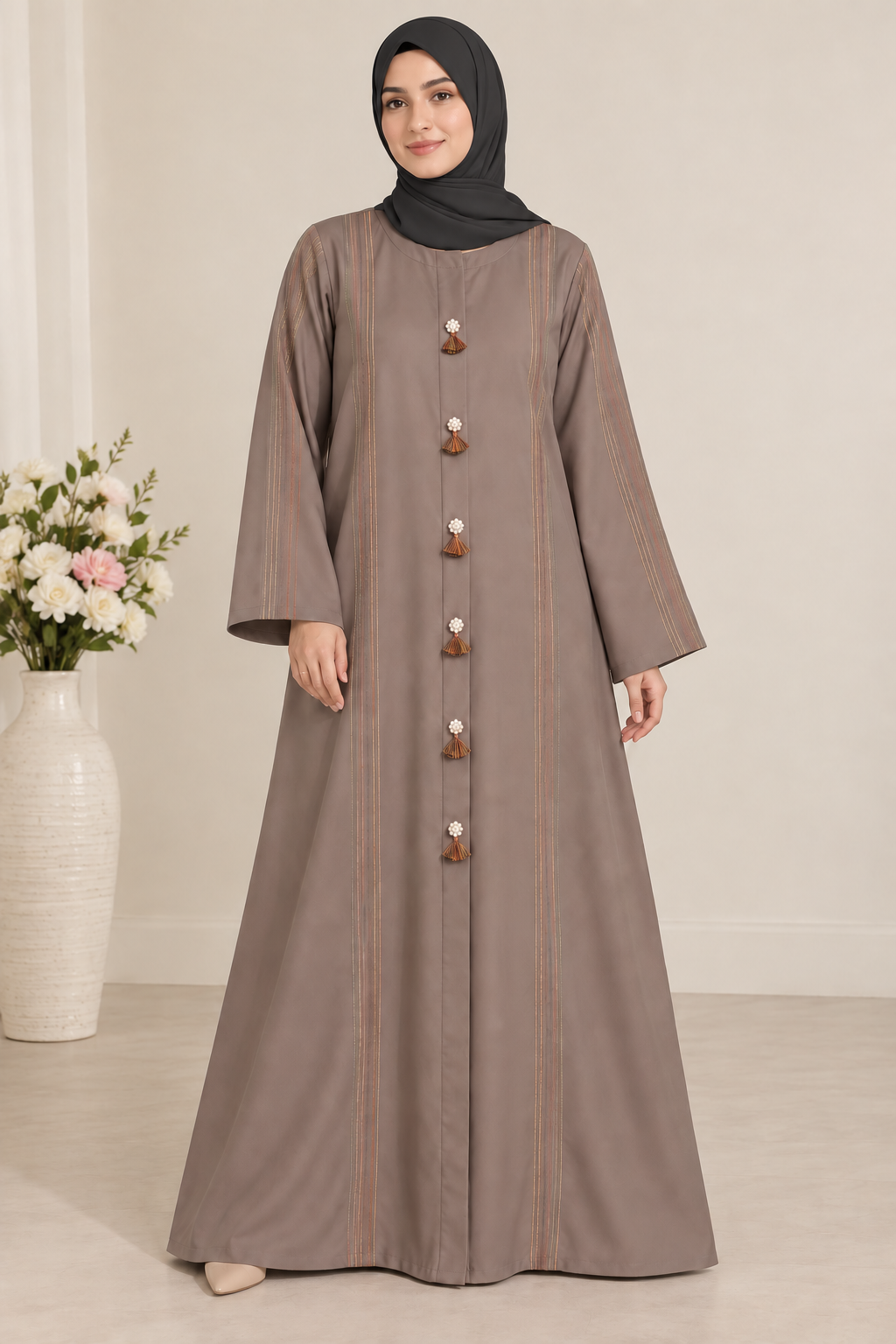 Taupe Multicolor Thread Line Abaya