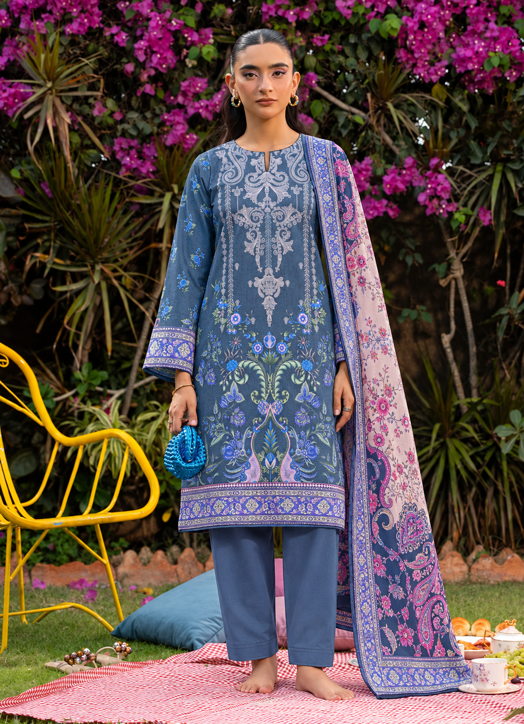 Karandi Blue Printed 3-Piece Stitched Suit