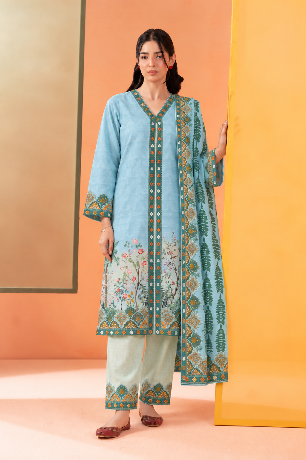 Khaddar Sky Blue Printed 3-Piece Stitched Suit